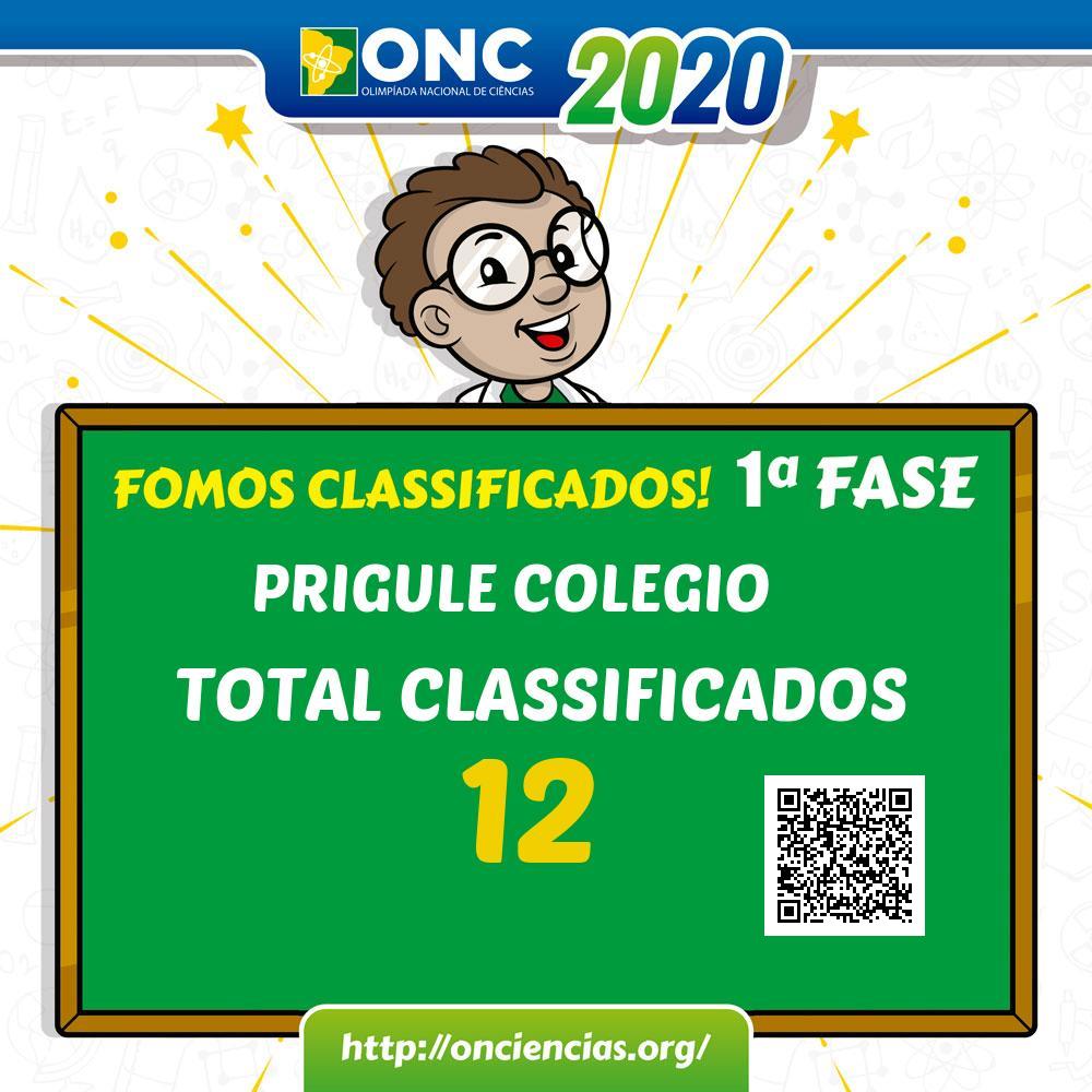 Imagem mostrando a classificação dos alunos Prígule na ONC, 12 alunos foram classificados.